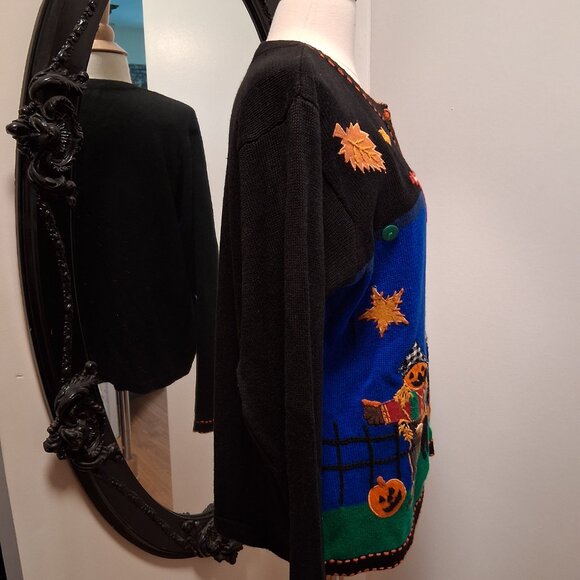 Arriviste Fall Halloween Embellished Scarecrow Leaves Cat Sweater Cardigan sz L - Picture 7 of 8